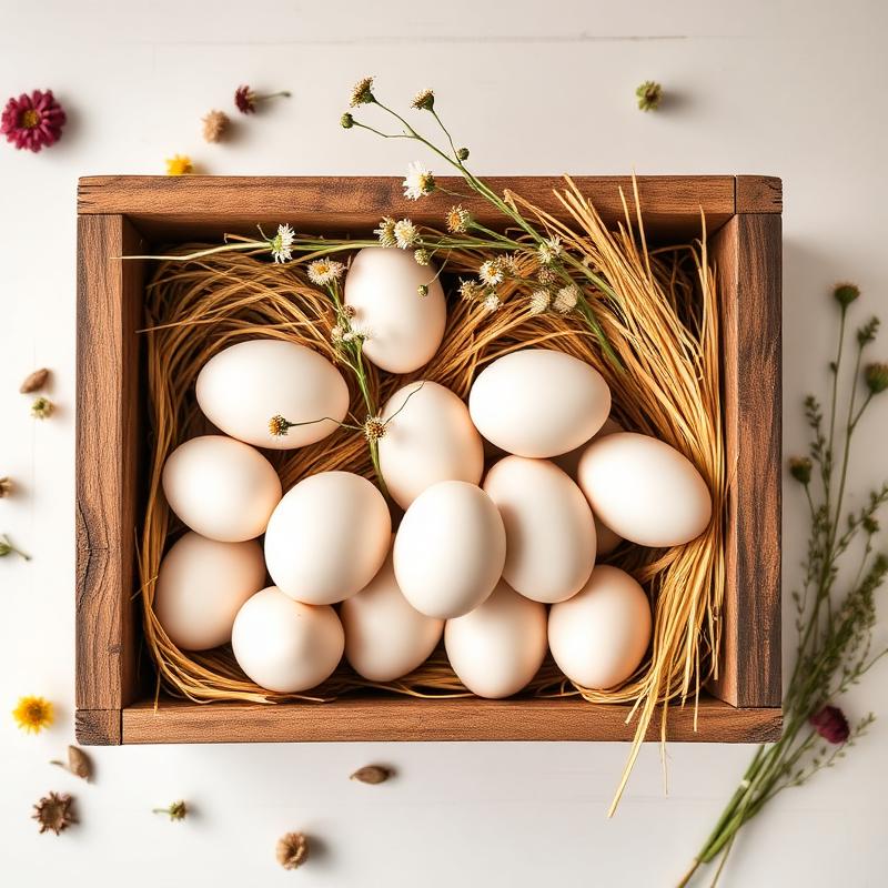 Fresh eggs in a wooden crate with wildflowers