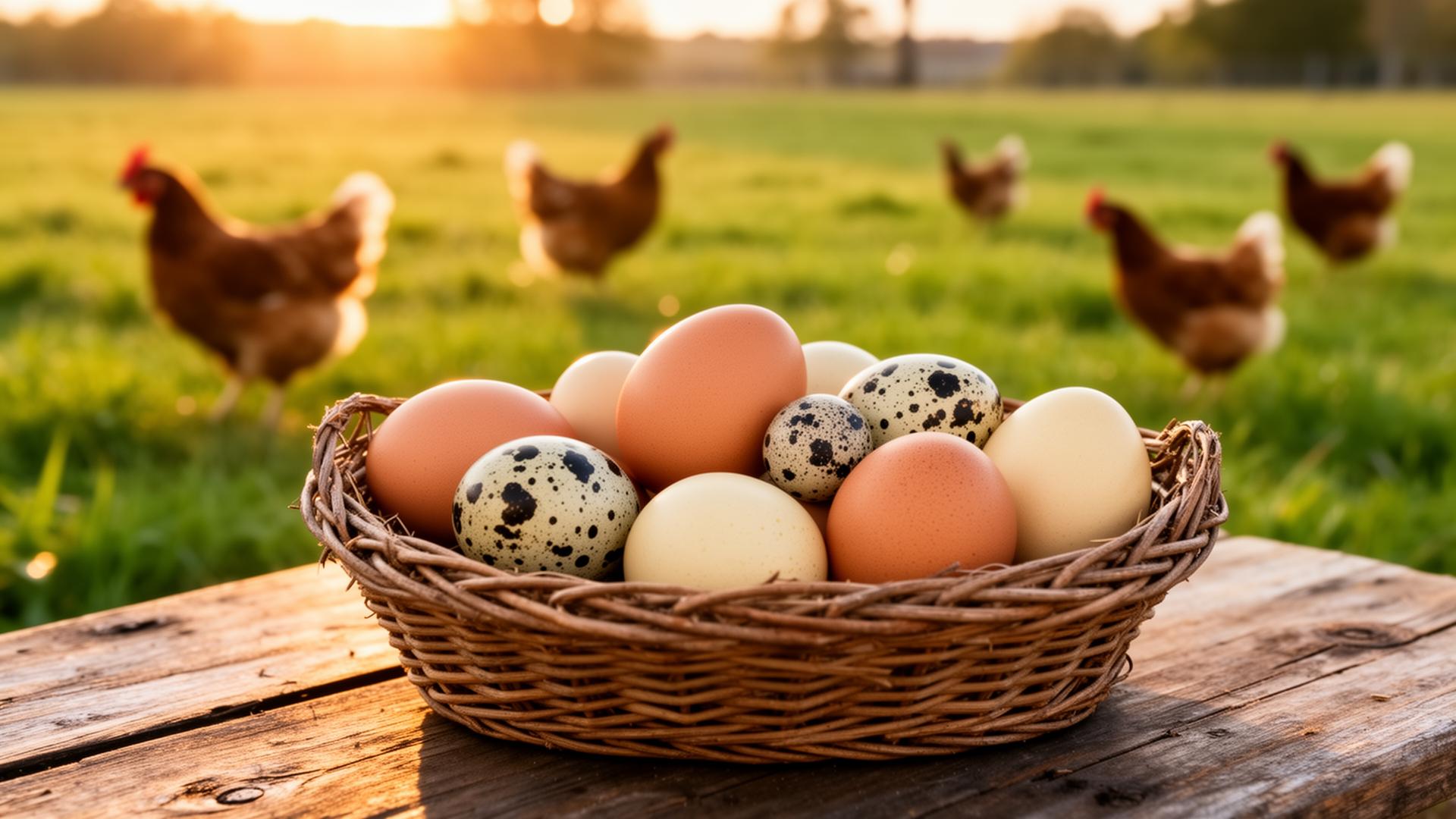 Fresh farm eggs in a basket at golden hour